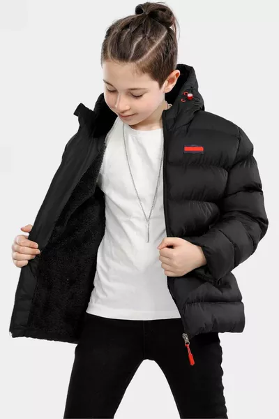 Boys' Black Waterproof Winter Thick Hooded Coat with Fleece Lining