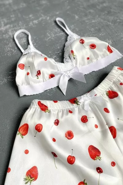 Women's Rope Strap Lace Bustier Shorts Red Strawberry Satin Nightgown Set