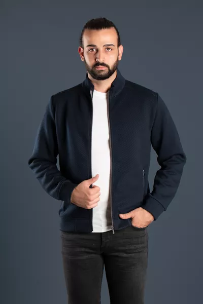 Heren marineblauwe geribbelde cardigan