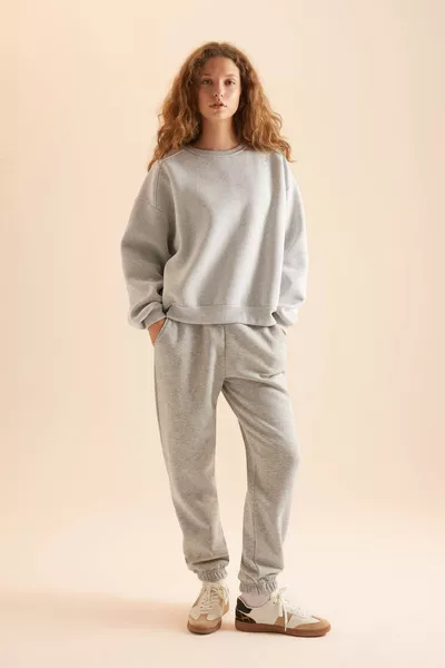 Coool Oversize Geniş Kalıp Bisiklet Yaka Basic Düz Kalın Gri Sweatshirt AXNS