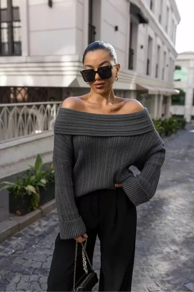 Degaje Madonna Yaka Fitilli Triko Kazak Antrasit