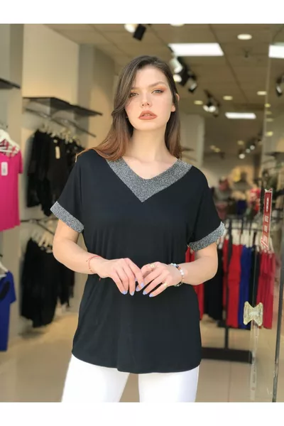 Women's Plus Size V-Neck Black Blouse with Neck and Sleeve Silver Glitter 