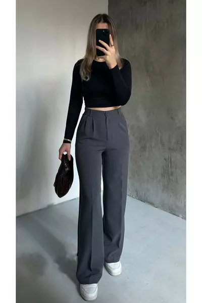 Damen Anthrazit Hohe Taille Weite Palazzo-Hose