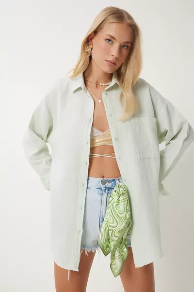 قميص نسائي موسلين واسع أساسي باللون أخضر مائي 