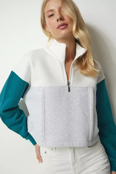 Grijs smaragdgroen gebreid sweatshirt met ritskraag voor dames 