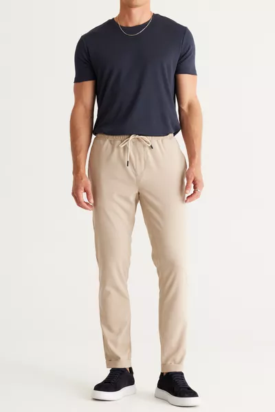 Pantalon Jogger Homme Beige Coupe Slim Confort Taille Élastique avec Poches Latérales