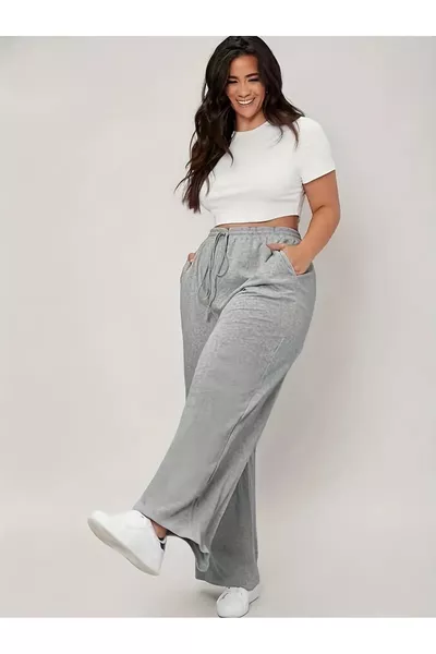 Chardon Grey Sweatpants Plus Size Daily Pants, Women's Solid High-Waisted with Pockets