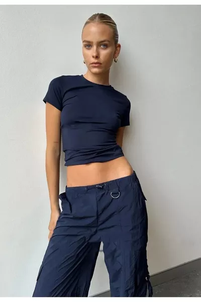 Women's Navy Blue Stretchy Short Sleeve Crop T-Shirt with Crew Neck