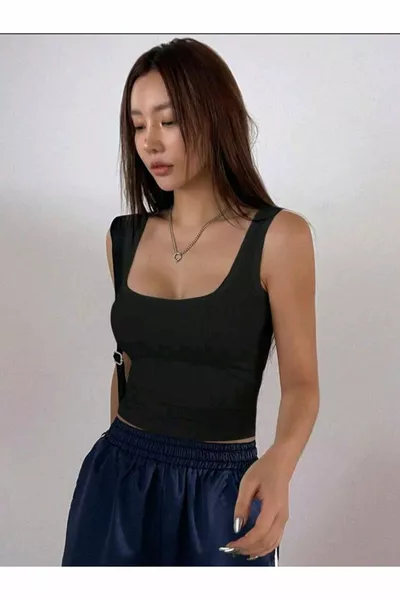Women's Black Ribbed Square Neck Thick Strap Tank Top Ribbed Crop Tank Sports Ribbed Tank 