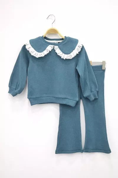 Petrol Ribbed Vintage Collar Sweatshirt & Flared Pants 2-Piece Girls' Set