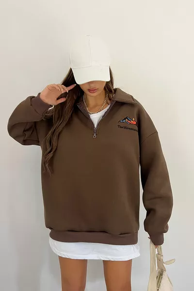 Unisex Kahverengi Polo Yaka Oversize 3 İplik Şardonlu Nakışlı Sweatshirt