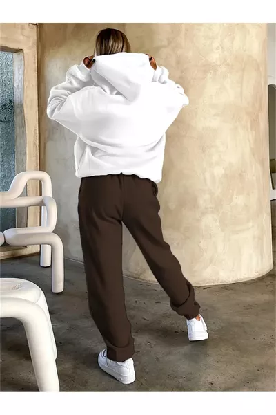 سترة بقبعة بيضاء بطبعة شريط الفهد للنساء - سروال رياضي بني