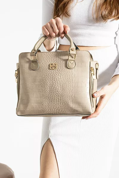 Dames Vos Croco Lederen Schouder- en Handtas met Kattenprint, Ritssluiting en Voering