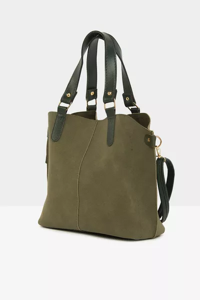 Borsa Verde Oliva da Donna in Nabuk con Tre Scomparti e Chiusura a Bottone 