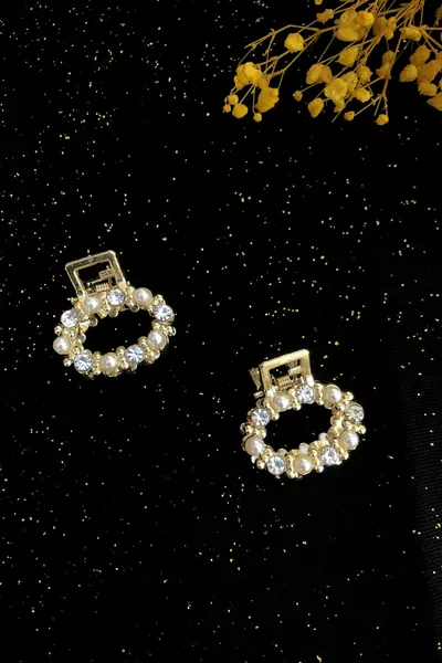 Épingles à cheveux métalliques dorées pour femmes, modèle ovale mini par 2, ornées de pierres et de perles