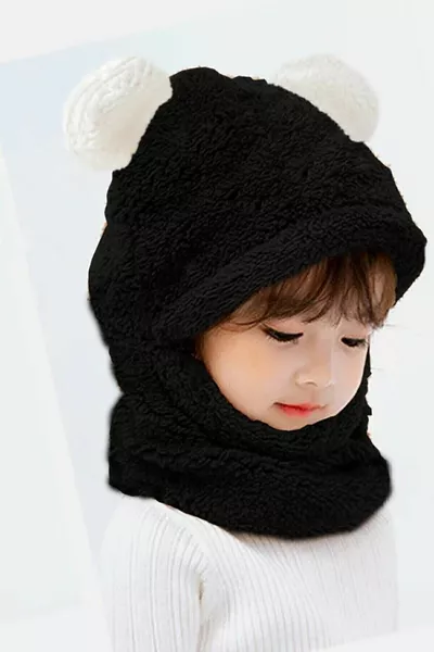 Panda Kids Hooded Plush Beanie Scarf Welsoft Neck Warmer Windproof Hat with Ears