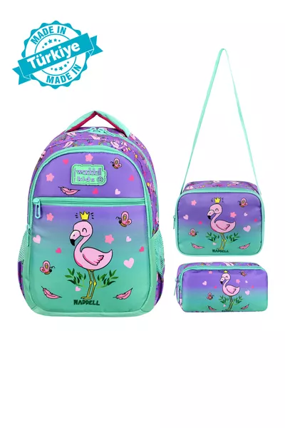 Licensed Mint Green Flamingo Pattern Girls' Primary School Backpack, Lunch Bag, and Pencil Case
