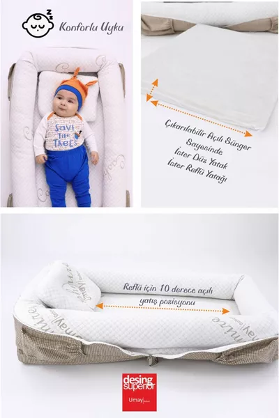 Lit de reflux portable avec sac Umay, nid d'enfant, sac à langer - Tissu marron