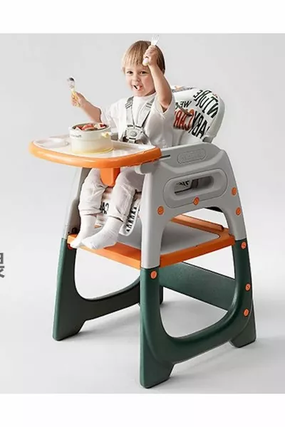 Многофункционален оранжев стол за хранене / комплект маса и стол от 6 месеца до 4 години ()