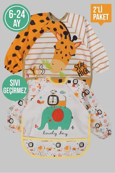 مريلة طعام للأطفال 0-2 سنة | بأكمام قابلة للارتداء وتصميم زرافة سفاري | مقاومة للماء