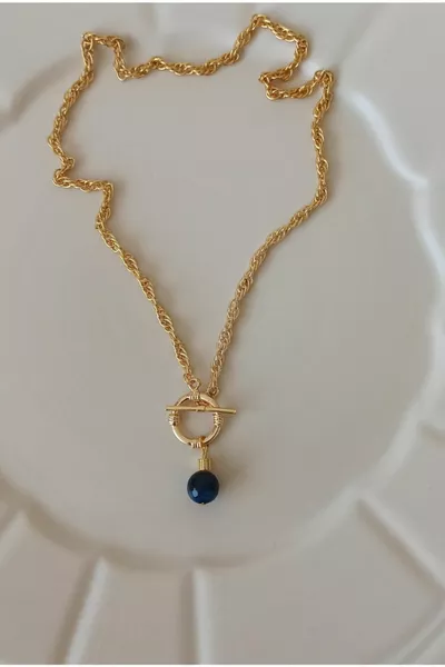 Women's Necklace with Natural Stones, Front-Lock Chain