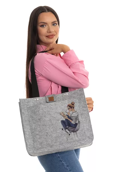 حقيبة كتف كبيرة الحجم - حقيبة من اللباد المطبوعة - كتابي وقهوتي وأنا -  ×  ×  سم