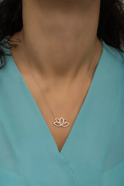 Silver Plated Lotus Flower Necklace with Zircon Stones