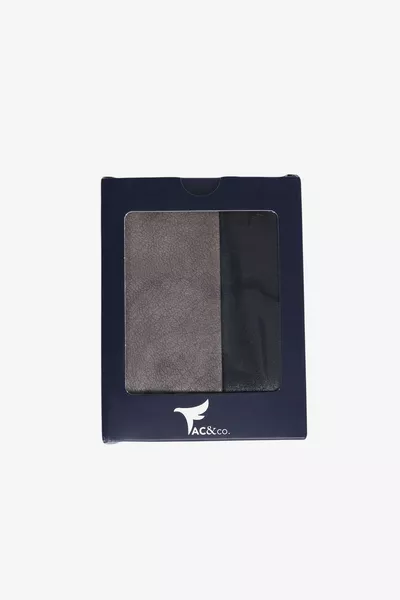 محفظة رجالية ببطاقات، باللون الرمادي الداكن والأسود، مع علبة هدايا
