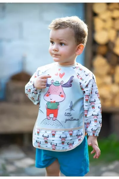 Long-Sleeve Waterproof Baby Bib Set with Deer and Giraffe Pattern, 2 Pieces