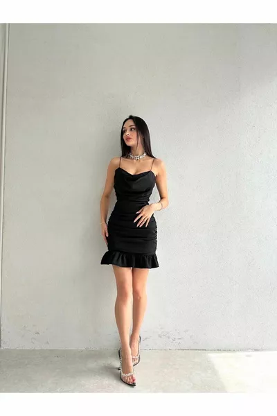 Abito da donna Mini abito drappeggiato con spalline sottili Dettagli gonna con volant - Abito da sera e abito da laurea