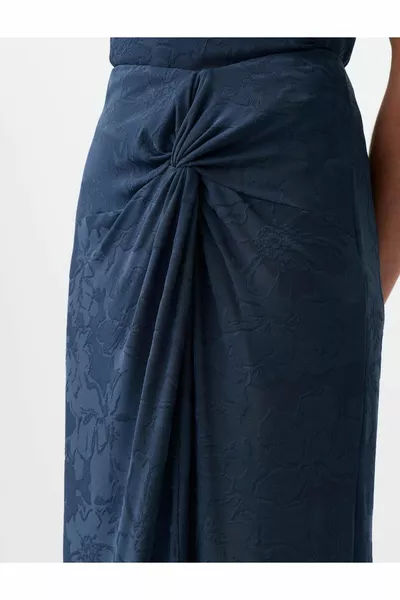 Blue Petroleum Floral Print Drawstring Slit Midi Skirt