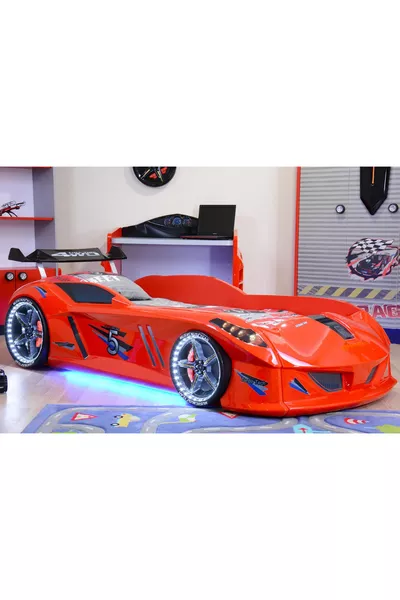 Camera dei Bambini - Letto con Macchina Jaguar, Armadio a 3 Ante Sport, Scrivania, Comò, Libreria - Rosso