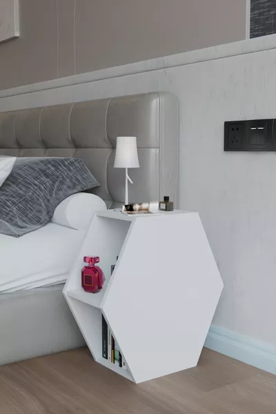 Table de chevet design hexagonal, table de nuit moderne pour chambre, bibliothèque décorative, table de chevet avec étagères