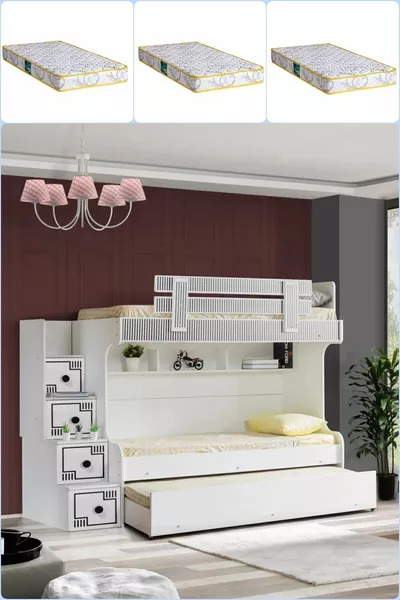 Bunk Bed, Bunk Bed with Slats, 3 Comfort Mattresses