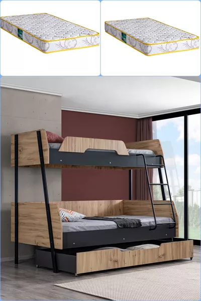 Двухъярусная кровать Ranza, Alba широкая с ящиками, см - см - Орех-Антрацит + 2 комфортабельных матраса