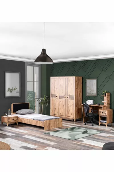 Младежка стая Атлантик - гардероб с 3 врати, легло, нощно шкафче, бюро