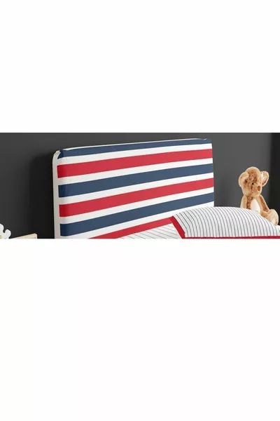 Housse de tête de lit chambre d'adolescent fond blanc avec rayures bleu marine et rouge
