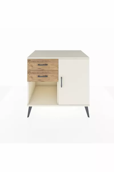 خزانة كرونوس رف واحد ودرجين مع باب واحد، لون حجر القمر/صنوبر