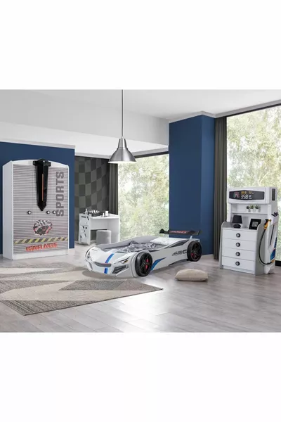 غرفة أطفال - سرير بعجلات مرسو، خزانة ثلاثية الأبواب سبورت، مكتب، كومود - أبيض