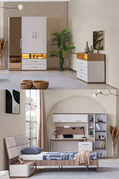 Milaan Jongenskamer - 3-Deurs Spiegelkast, Bed, Nachtkastje, Bureau, Ladekast, Boekenkast