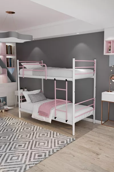 سرير بطابقين تريند متوافق مع المرتبة وردي فاتح معدن قابل للفصل