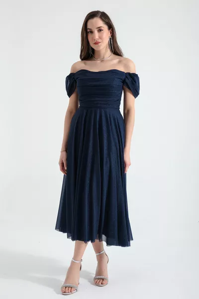 المرأة الأزرق الداكن قارب الرقبة رايات ميدي فستان سهرة