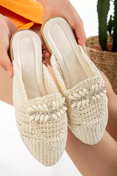 Kadın Hasır Terlik Önü Kapalı Örgü Dantel Taş Detaylı Şık Yazlık Ev Plaj Tatil Terliği