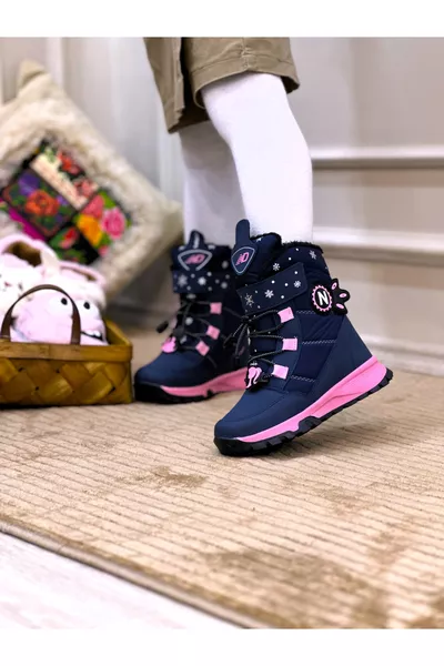 Girls' Boots Navy Pink Fur-Lined Non-Slip Sole Orthopedic