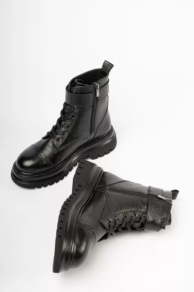 Bottes en cuir véritable noir pour femme avec semelle crantée 