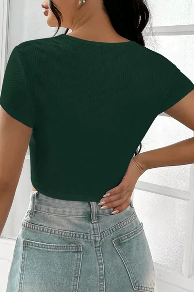 Camicetta da donna verde a mezza manica con collo dritto Crop Top