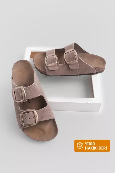 Дамски ежедневни чехли от естествена кожа с двойна лента, подметка EVA, поли визьон