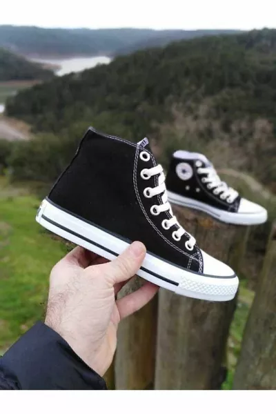 حذاء رياضي للأطفال من الكتان بطول طويل باللونين الأسود والأبيض