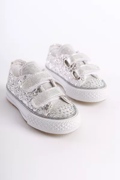 Yeni Sezon Taşlı Cırtlı Gümüş Ortopedik Kız Çocuk Ayakkabı, Kız Çocuk Spor Ayakkabı  Işıklı