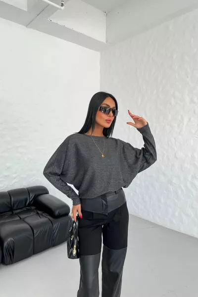 Ampio girocollo manica a pipistrello glitter dettagliato camicetta manica lunga 